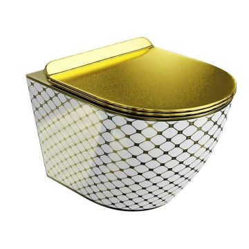 Set vas WC suspendat Spectrum, Trendi Slim, rimless, cu capac, 36.5 x 49 cm, alb-auriu