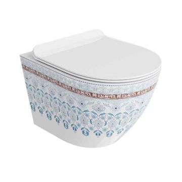 Set vas WC suspendat Spectrum, Trendi Slim, rimless, cu capac soft close, alb cu model folcloric