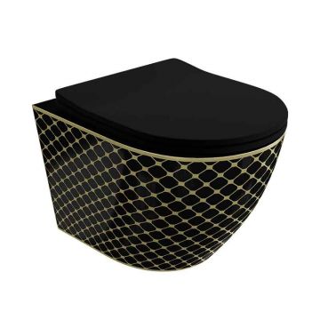 Set vas WC suspendat Spectrum, Trendi Slim, rimless, cu capac soft close, negru-auriu