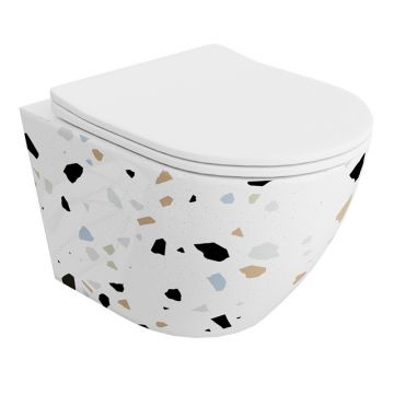 Set vas WC suspendat Spectrum, Trendi Stone, rimless cu capac inclus, 35.5 x 51.5 cm, alb mozaic