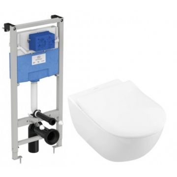 Set vas Wc Villeroy & Boch Subway 2.0 cu Direct Flush suspendat cu capac soft-close slim si rezervor Ideal Standard - Montaj suspendat