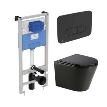Set vas Wc Wellis Clement Black + capac soft-close + rezervor incastrat Ideal Standard Prosys 120 cu clapeta Oleas M3, negru - Montaj suspendat