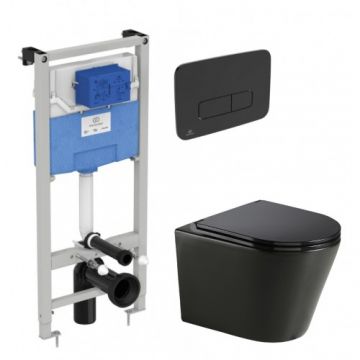 Set vas Wc Wellis Clement Black + capac soft-close + rezervor incastrat Ideal Standard Prosys 120 cu clapeta Oleas M3, negru - Montaj suspendat
