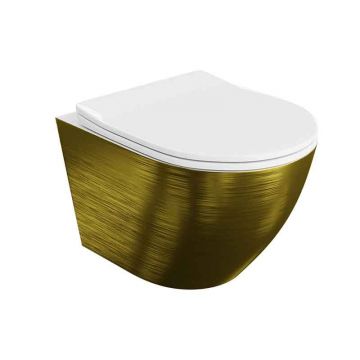 Set WC suspendat Spectrum, Trendi Slim Brushed Gold, rimless, cu capac soft close, auriu periat-alb