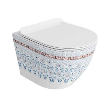 Set WC suspendat Spectrum, Trendi Slim, rimless, cu capac soft close, alb cu model folcloric