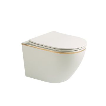 Vas WC Braga, montaj suspendat, din ceramica sanitara, rimless, quick release si soft close, alb lucios cu auriu, Elysium