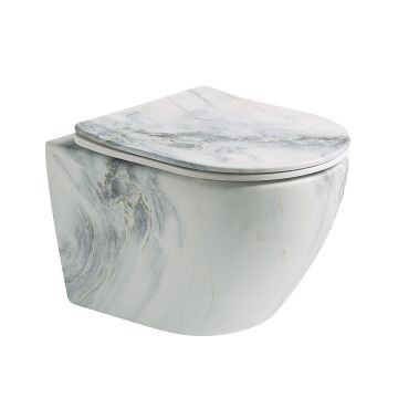 Vas WC Braga, montaj suspendat, din ceramica sanitara, rimless, quick release si soft close, imitatie marmura Blue vein, Elysium
