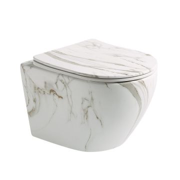 Vas WC Braga, montaj suspendat, din ceramica sanitara, rimless, quick release si soft close, imitatie marmura Calacatta orro, Elysium