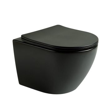 Vas WC Braga, montaj suspendat, din ceramica sanitara, rimless, quick release si soft close, negru mat, Elysium