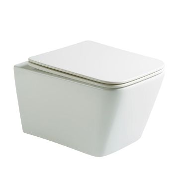 Vas WC Setubal, montaj suspendat, din ceramica sanitara, rimless, quick release si soft close, alb lucios, Elysium