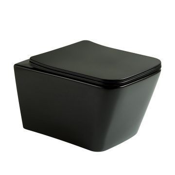 Vas WC Setubal, montaj suspendat, din ceramica sanitara, rimless, quick release si soft close, negru mat, Elysium