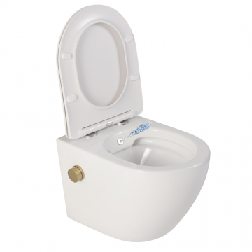 Vas wc suspendat, cu functie bideu, semirotund, rimless, apă calda/rece, capac soft close, baterie aurie, Foglia Oslo