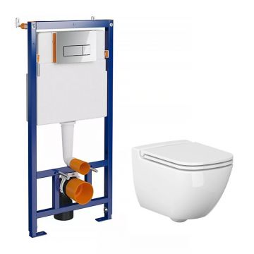 Pachet vas wc suspendat Cersanit Caspia New, capac softclose, rezervor Cersanit Tech Line Opti B652 si clapeta Cersanit B1 crom
