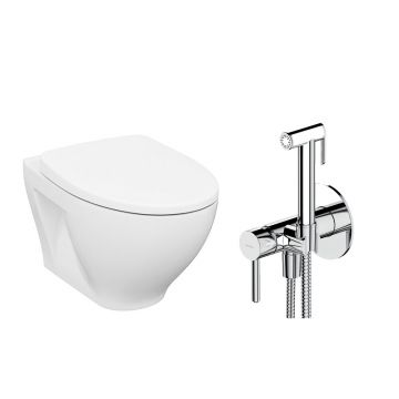 Pachet vas wc suspendat Cersanit Moduo, capac softclose si set dus igiena intima crom cu baterie incastrata Omnires Y