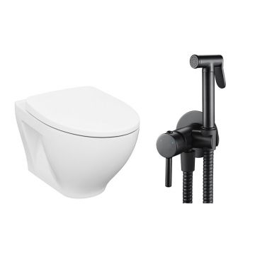 Pachet vas wc suspendat Cersanit Moduo, capac softclose si set dus igiena intima negru cu baterie incastrata Rea Loop