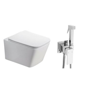 Pachet vas wc suspendat Fluminia Paris, capac softclose si set dus igiena intima crom cu baterie incastrata Rea Fenix
