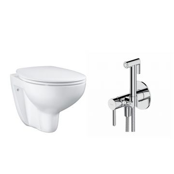 Pachet vas wc suspendat Grohe Bau Ceramic, capac softclose si set dus igiena intima crom cu baterie incastrata Omnires Y