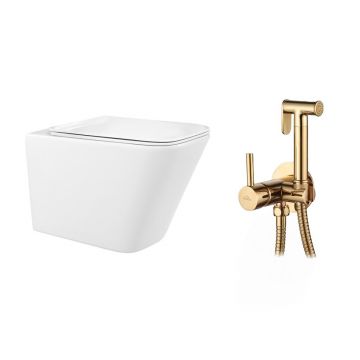 Pachet vas wc suspendat Rea, capac softclose si set dus igiena intima auriu cu baterie incastrata Invena Bidetta