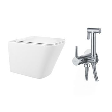 Pachet vas wc suspendat Rea, capac softclose si set dus igiena intima crom cu baterie incastrata Invena Bidetta