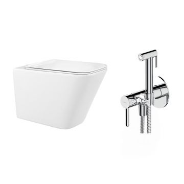 Pachet vas wc suspendat Rea, capac softclose si set dus igiena intima crom cu baterie incastrata Omnires Y