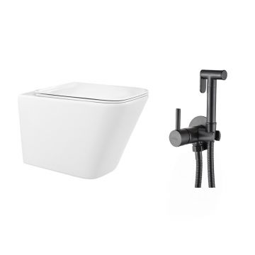 Pachet vas wc suspendat Rea, capac softclose si set dus igiena intima negru cu baterie incastrata Invena Bidetta