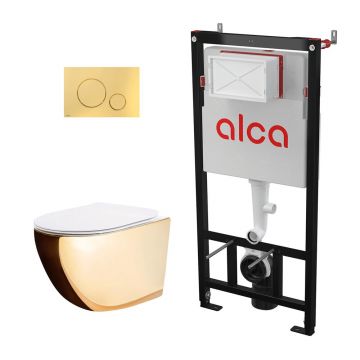 Pachet vas wc suspendat Rea Carlo, capac softclose, rama instalare Alcadrin si clapeta Thin auriu