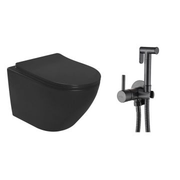 Pachet vas wc suspendat Rea Carlo, capac softclose si set dus igiena intima negru cu baterie incastrata Invena Bidetta