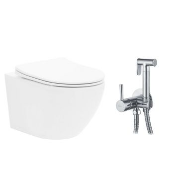 Pachet vas wc suspendat Rea Carlo Mini Basic, capac softclose si set dus igiena intima crom cu baterie incastrata Rea Fenix