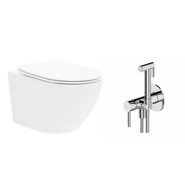 Pachet vas wc suspendat Rea Carlo Mini, capac softclose si set dus igiena intima crom cu baterie incastrata Omnires Y