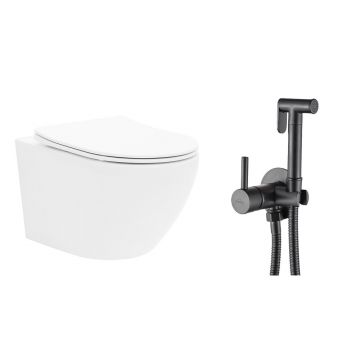 Pachet vas wc suspendat Rea Carlo Mini, capac softclose si set dus igiena intima negru cu baterie incastrata Invena Bidetta