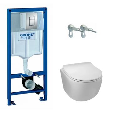 Pachet vas wc suspendat rimless Balneo Luna, capac softclose, rezervor Grohe Rapid SL si clapeta Grohe Skate Cosmopolitan crom