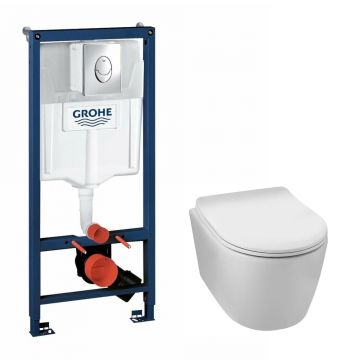 Pachet vas wc suspendat rimless Balneo Luxa, capac softclose, rezervor Grohe Rapid SL si clapeta Grohe Skate Air crom