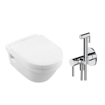 Pachet vas wc suspendat Villeroy&Boch Architectura, capac softclose si set dus igiena intima crom cu baterie incastrata Omnires Y