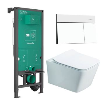 Rezervor incastrat Hansgrohe iFrame 112 cm cu clapeta iFrame Element E alb mat plus vas WC Rune Jord alb cu capac softclose