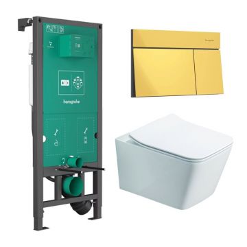 Rezervor incastrat Hansgrohe iFrame 112 cm cu clapeta iFrame Element E auriu lucios plus vas WC Rune Jord alb cu capac softclose