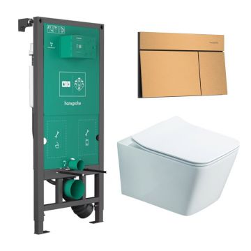 Rezervor incastrat Hansgrohe iFrame 112 cm cu clapeta iFrame Element E bronz periat plus vas WC Rune Jord alb cu capac softclose