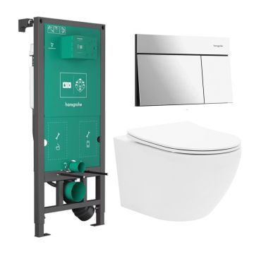 Rezervor incastrat Hansgrohe iFrame 112 cm cu clapeta iFrame Element E crom lucios plus vas WC Rune Ivaldi alb cu capac softclose