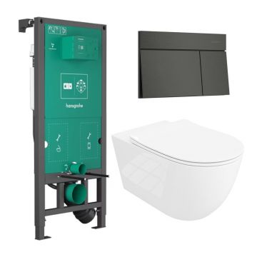 Rezervor incastrat Hansgrohe iFrame 112 cm cu clapeta iFrame Element E negru periat plus vas WC Rune Ivaldi Grande alb cu capac softclose