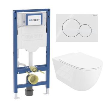 Rezervor WC cu cadru incastrat Geberit Duofix UP320 cu sistem de fixare, clapeta de actionare Sigma01 alb alpin plus vas WC Rune Ivaldi Grande alb cu capac softclose