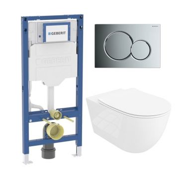 Rezervor WC cu cadru incastrat Geberit Duofix UP320 cu sistem de fixare, clapeta de actionare Sigma01 crom plus vas WC Rune Ivaldi Grande alb cu capac softclose