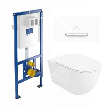 Rezervor WC cu cadru incastrat Villeroy&Boch 112 cm cu clapeta ViConnect 300S alb plus vas WC Rune Ivaldi Grande alb cu capac softclose