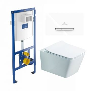 Rezervor WC cu cadru incastrat Villeroy&Boch 112 cm cu clapeta ViConnect 300S alb plus vas WC Rune Jord alb cu capac softclose