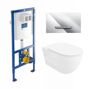 Rezervor WC cu cadru incastrat Villeroy&Boch 112 cm cu clapeta ViConnect crom plus vas WC Rune Ivaldi Grande alb cu capac softclose