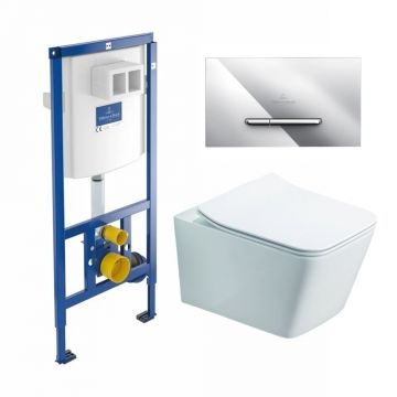 Rezervor WC cu cadru incastrat Villeroy&Boch 112 cm cu clapeta ViConnect crom plus vas WC Rune Jord alb cu capac softclose