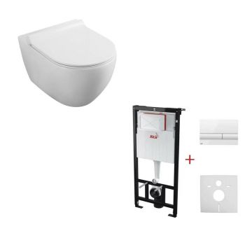 Set rezervor incastrat Alcadrain cu clapeta si vas wc suspendat Fluminia Minerva cu capac softclose