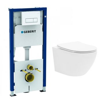 Set rezervor incastrat Geberit Duofix cu set de fixare, clapeta alba Delta51 plus vas WC Rune Ivaldi alb cu capac slim softclose