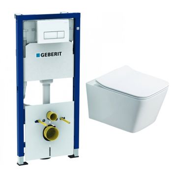 Set rezervor incastrat Geberit Duofix cu set de fixare, clapeta alba Delta51 plus vas WC Rune Jord alb cu capac slim softclose