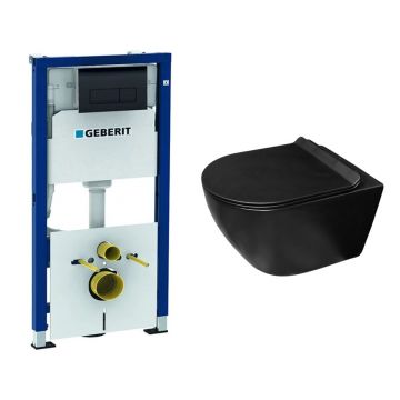 Set rezervor incastrat Geberit Duofix cu set fixare si clapeta Delta negru lucios plus vas WC Rune Ivaldi Grande cu capac softclose