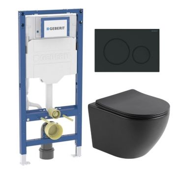 Set rezervor incastrat Geberit Duofix cu set fixare si clapeta Sigma01 negru lucios plus vas WC Rune Ivaldi cu capac softclose