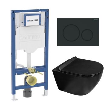 Set rezervor incastrat Geberit Duofix cu set fixare si clapeta Sigma01 negru lucios plus vas WC Rune Ivaldi Grande cu capac softclose